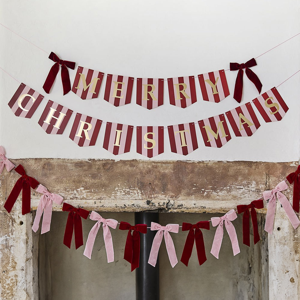 Pink and Burgundy Striped Merry Christmas Banner With Velvet Bows - 2m