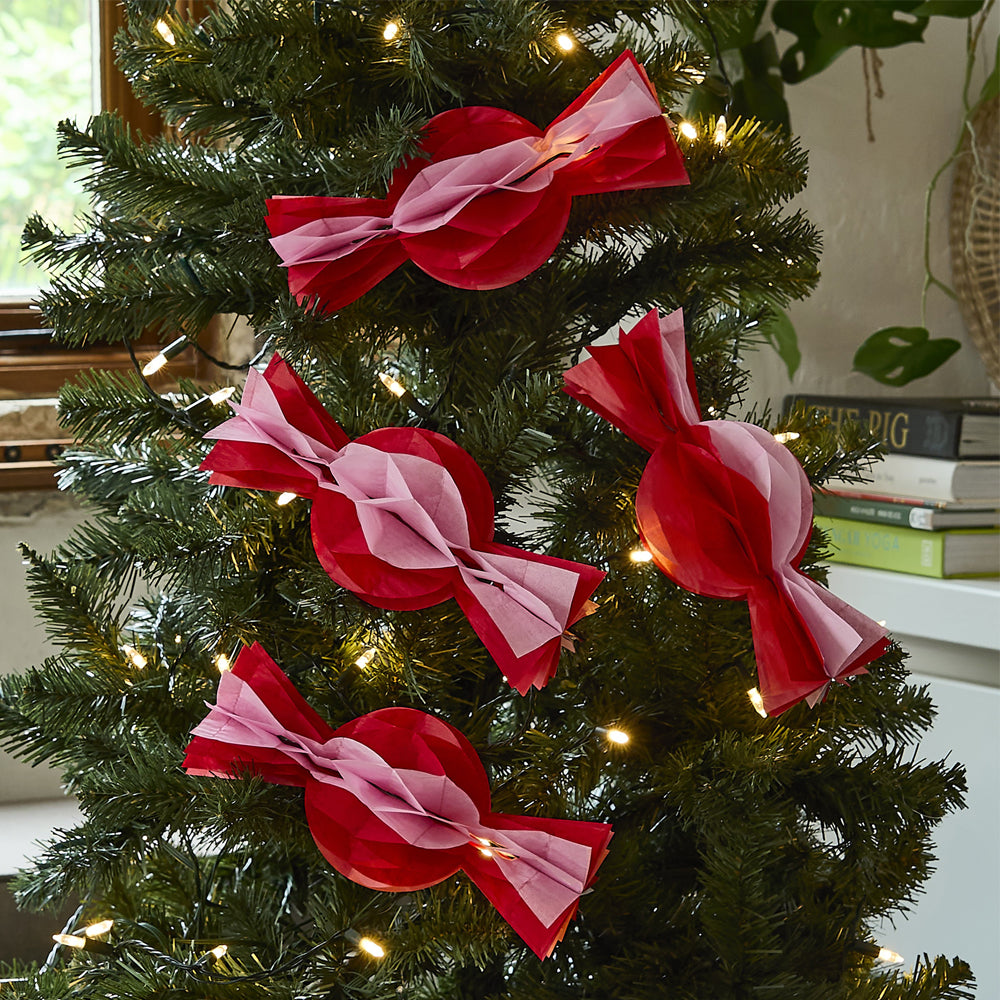 Red and Pink Honeycomb Tissue Paper Sweets Decorations - 25cm - Pack of 4