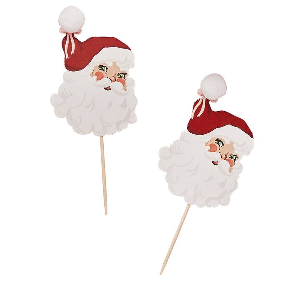 Vintage Santa Pom Pom Food or Cake Picks - Pack of 12