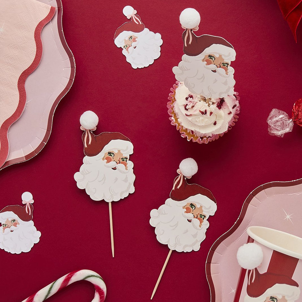 Vintage Santa Pom Pom Food or Cake Picks - Pack of 12