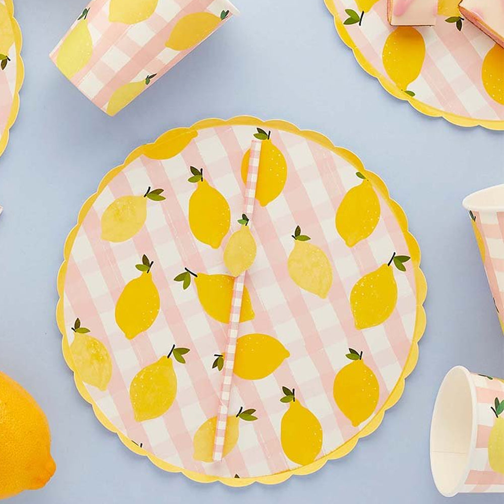 Lemon and Pink Gingham Paper Plates - Pack of 8