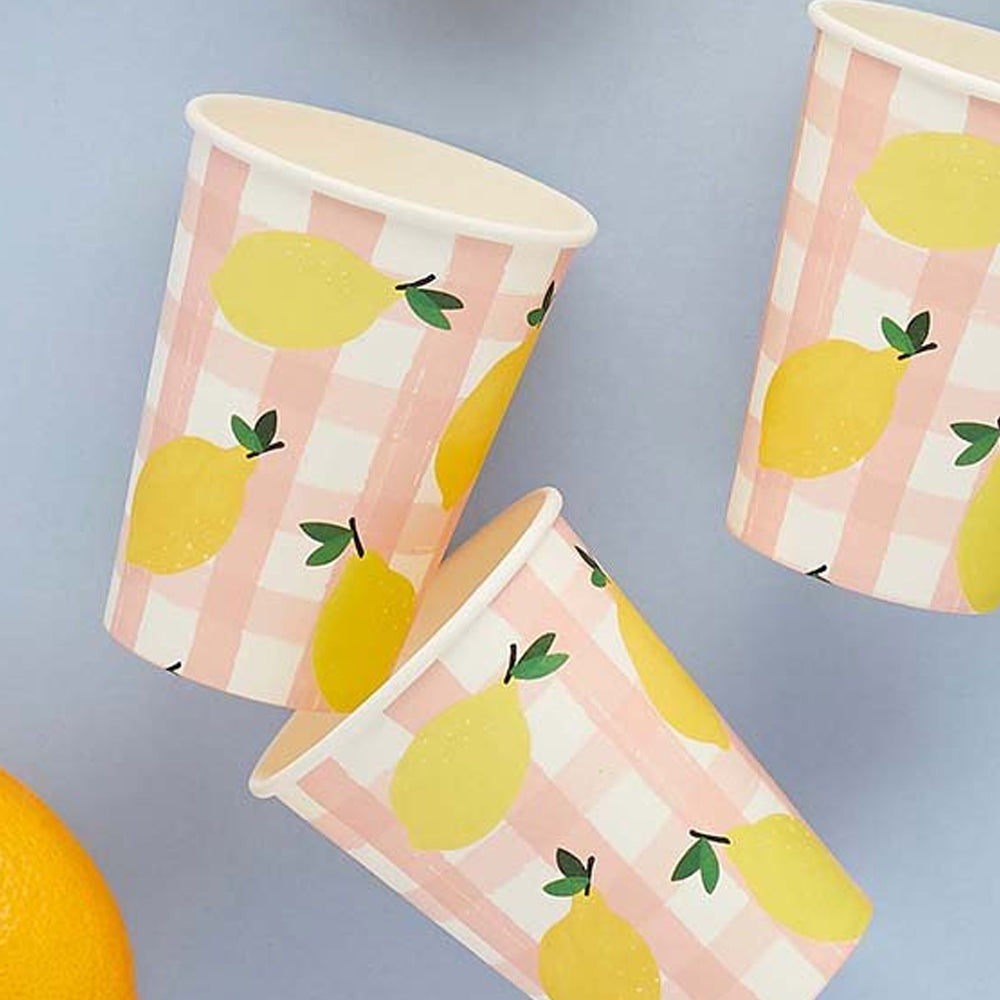 Lemon and Pink Gingham Paper Cups - Pack of 8