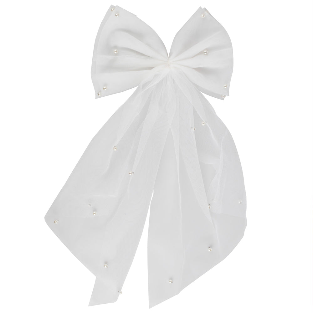 Large White Hair Bow with Pearls