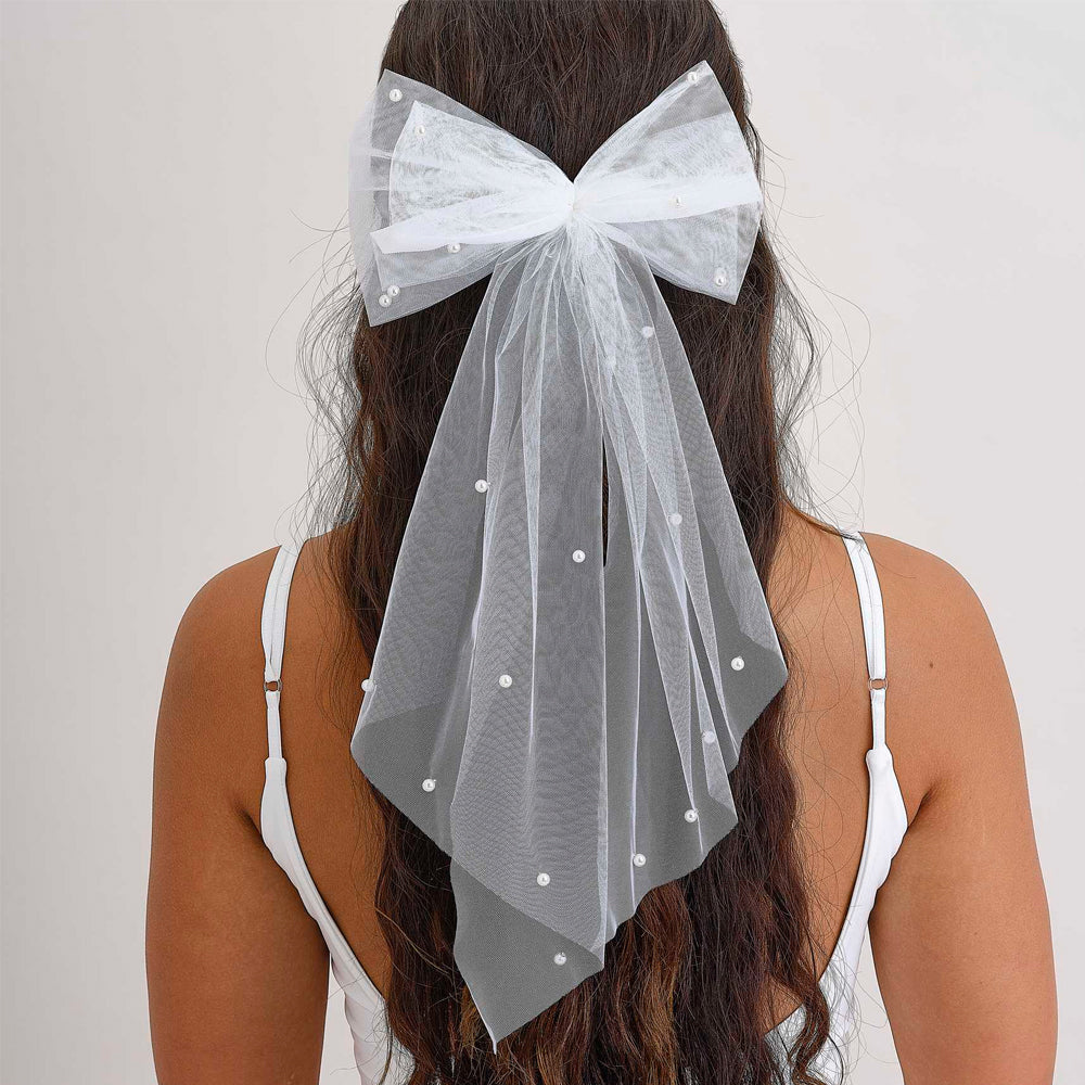 Large White Hair Bow with Pearls