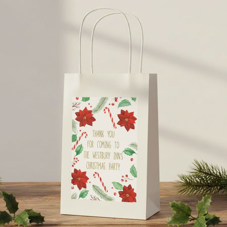 Holly & Poinsettia Christmas Personalised Paper Party Bags - Pack of 12