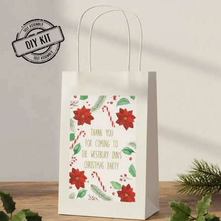 Holly & Poinsettia Christmas Personalised Paper Party Bags - Pack of 12