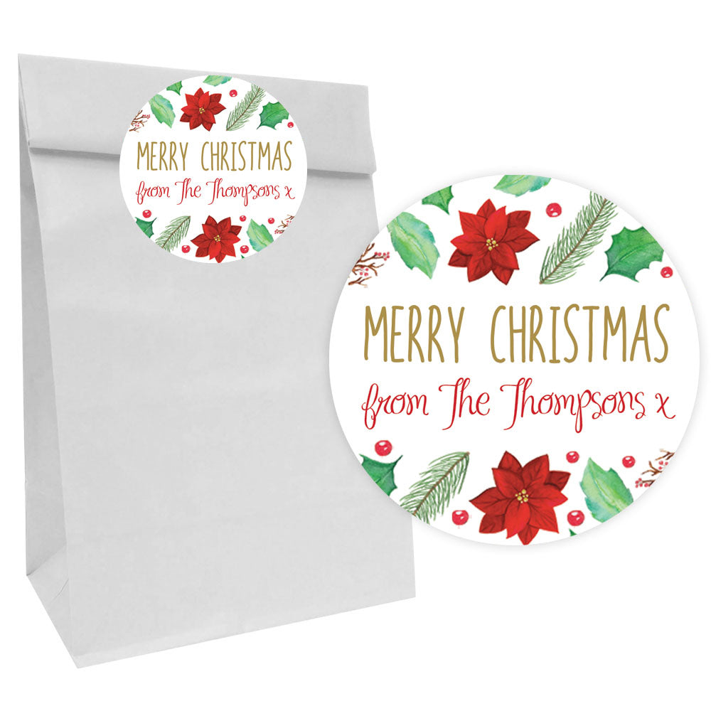Holly & Poinsettia Paper Party Bags with Personalised Round Stickers - Pack of 12