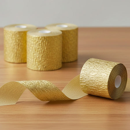 Gold textured ribbon rolls on a wooden surface, with one roll in the foreground showing a long strip of shiny metallic gold ribbon uncoiled.
