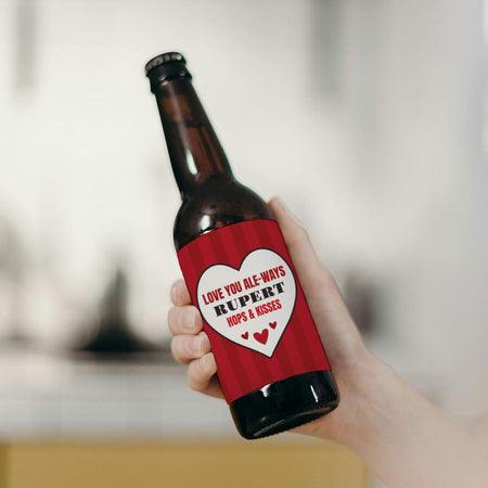Personalised Red Stripe Heart Valentine Beer Bottle Labels - Sheet of 4