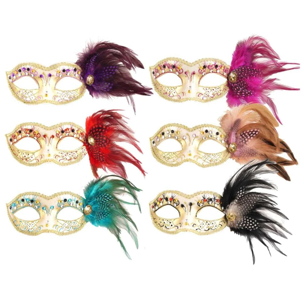 Jewelled Eye Masks with Feathers - 6 Assorted Designs - Each