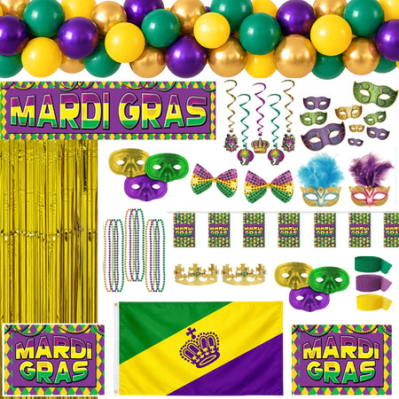 Mardi Gras party decoration kit featuring a balloon garland in green, gold, and purple, a 'Mardi Gras' banner, gold door curtain, streamers, feather masks, beaded necklaces, gold crowns and a Mardi Gras flag on a white background.