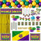 Mardi Gras party decoration kit featuring a balloon garland in green, gold, and purple, a 'Mardi Gras' banner, gold door curtain, streamers, feather masks, beaded necklaces, gold crowns and a Mardi Gras flag on a white background.