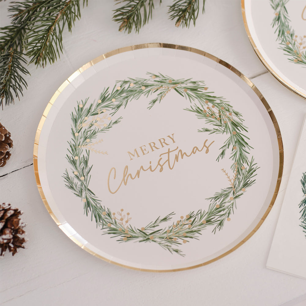 Merry Christmas Wreath Paper Plates - 25cm - Pack of 8
