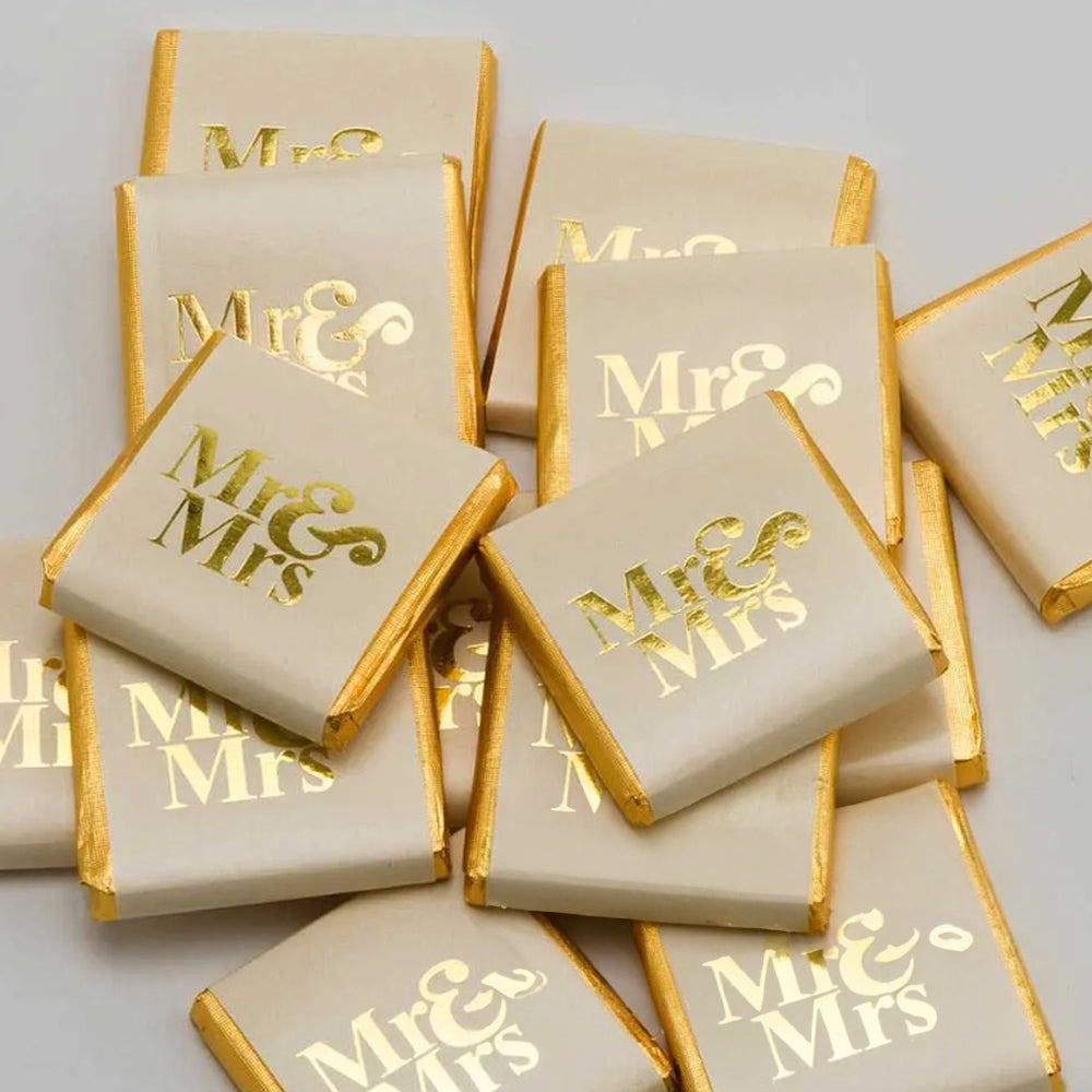 Mr & Mrs Wedding Gold Foil Neapolitan Square Chocolates - 5g - Each