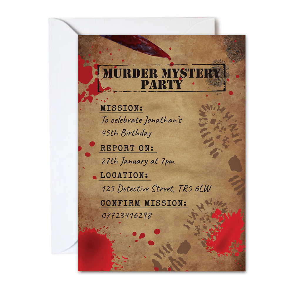 Murder Mystery Personalised Party Invitation - Pack of 16