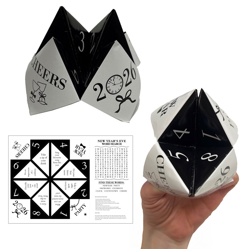 New Year's Eve Black & White Adult Paper Fortune Teller and Word Search Activity Sheet - A4