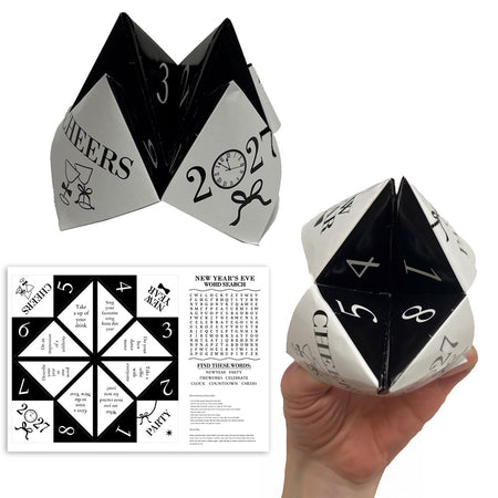 New Year's Eve Black & White Adult Paper Fortune Teller and Word Search Activity Sheet - A4