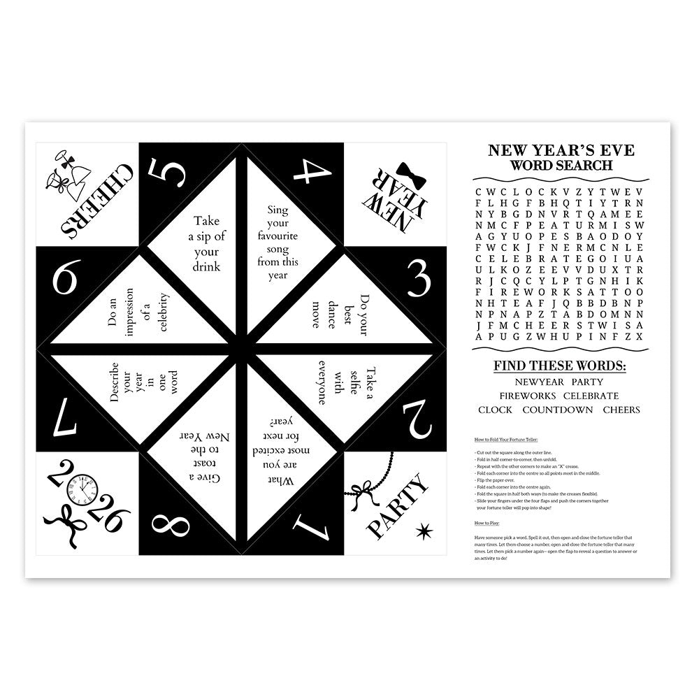 New Year's Eve Black & White Adult Paper Fortune Teller and Word Search Activity Sheet - A4