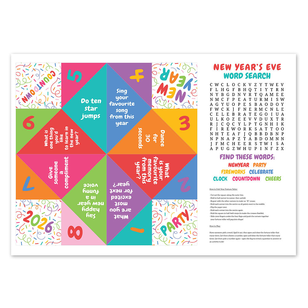 New Year's Eve Colourful Kids Paper Fortune Teller and Word Search Activity Sheet - A4