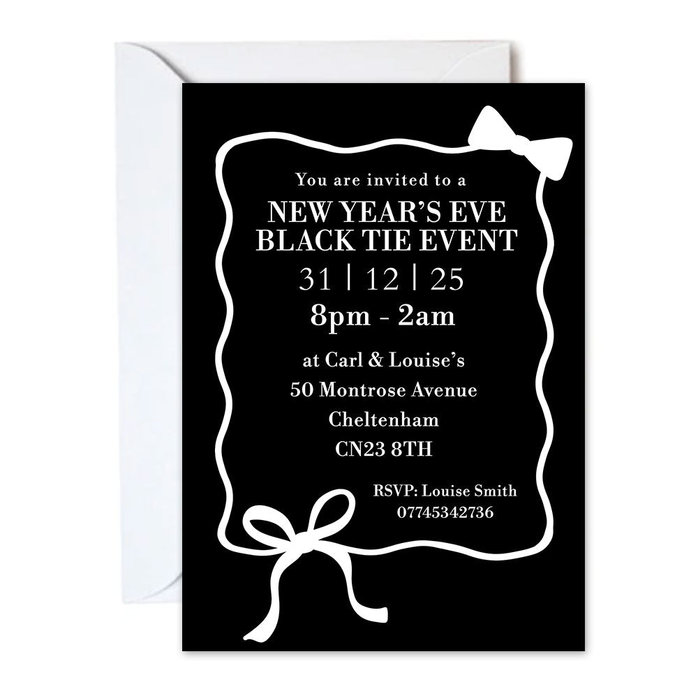 Personalised Black and White Bows and Bow Ties Party Invitations - Pack of 16