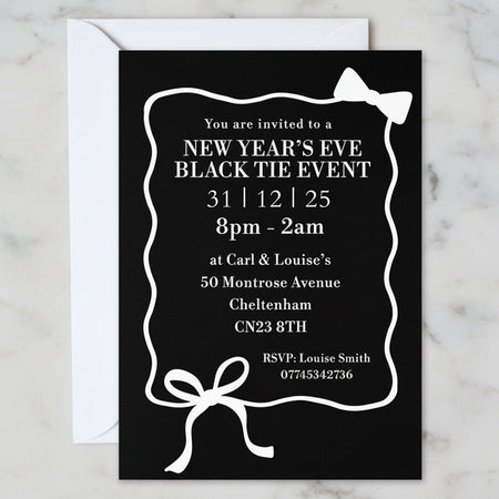 Black and White Bows and Ties Personalised Party Invitations - Pack of 16