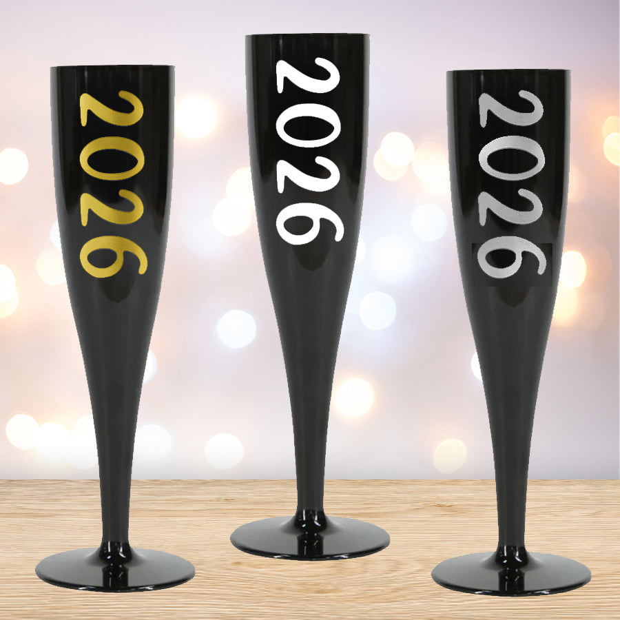 2026 New Year Black Champagne & Prosecco Flute Glass - Choose Your Text Colour - 175ml - Each