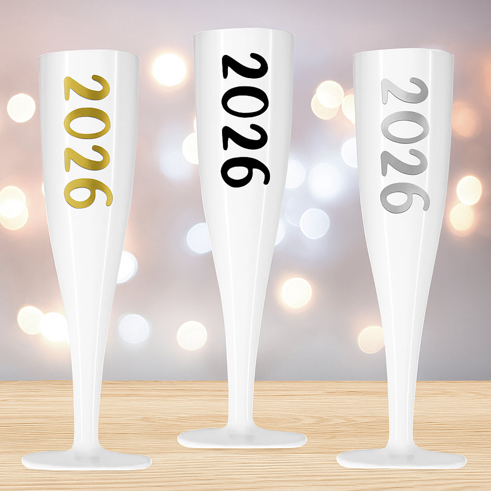 2026 New Year White Champagne & Prosecco Flute Glass - Choose Your Text Colour - 175ml - Each