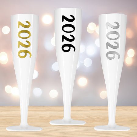 2026 New Year White Champagne & Prosecco Flute Glass - Choose Your Text Colour - 175ml - Each