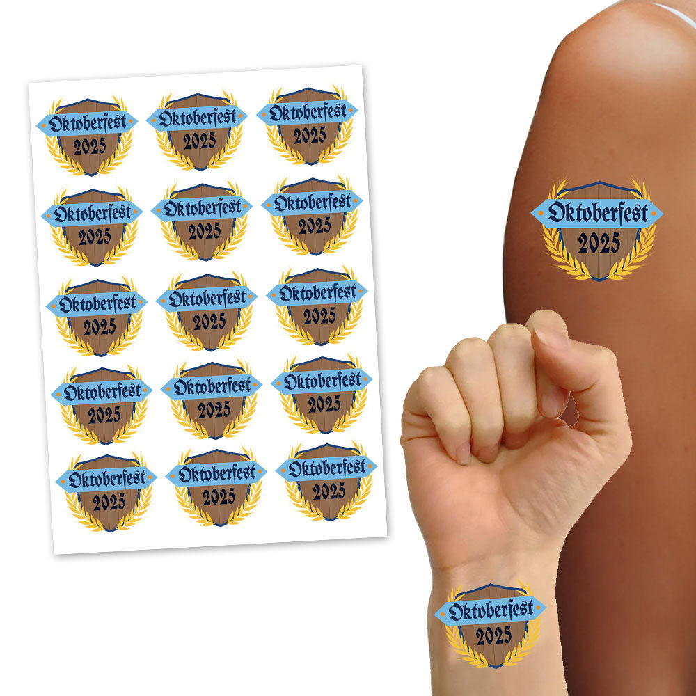 Oktoberfest Crest Tattoos with Year - Bavarian Temporary Tattoos Sheet of 15