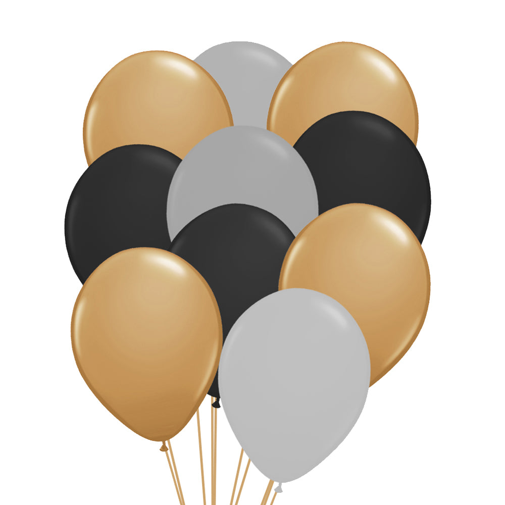 Black, Gold and and Silver 12" Latex Balloons & Helium Canister Kit - 24 Balloons