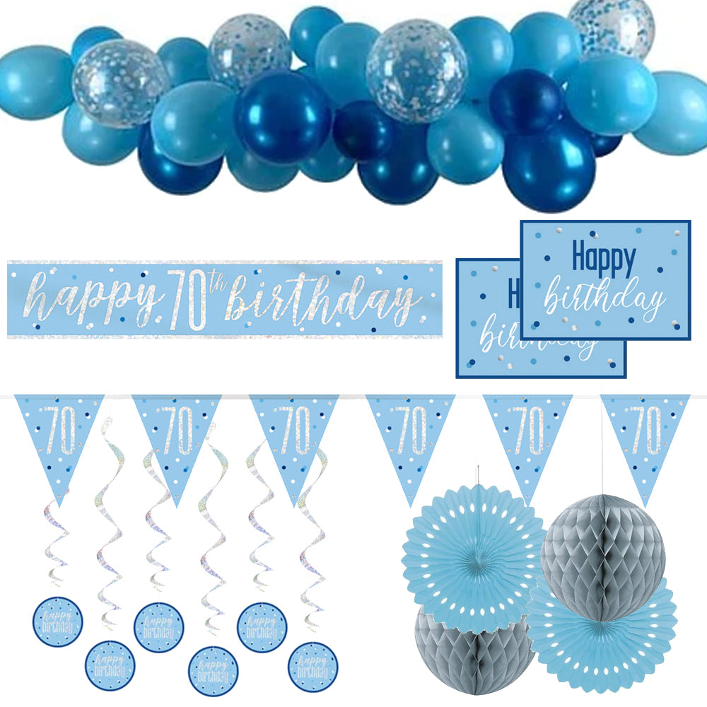 70th Birthday Blue & Silver Glitz Decoration Pack