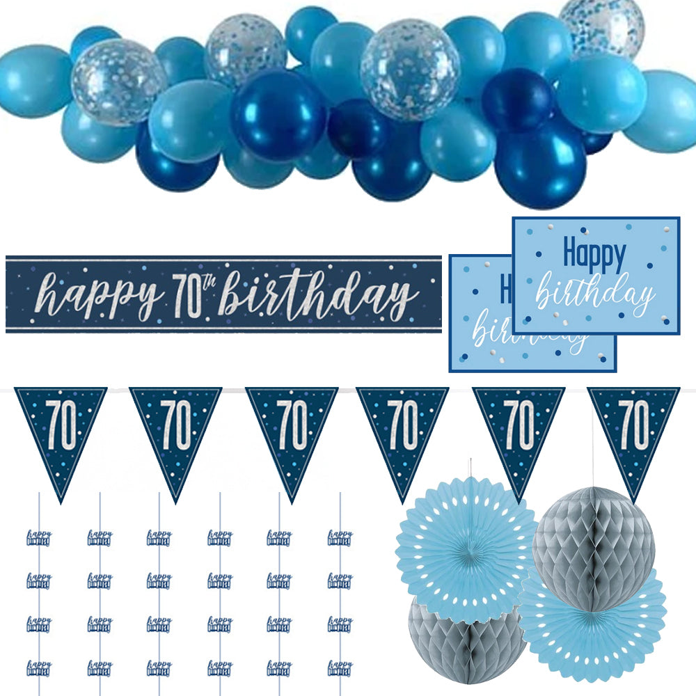 70th Birthday Blue & Silver Glitz Decoration Pack