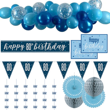 80th Birthday Blue & Silver Glitz Decoration Pack