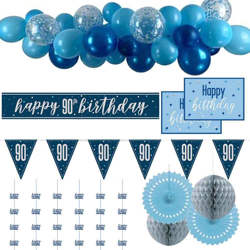 90th Birthday Blue & Silver Glitz Decoration Pack