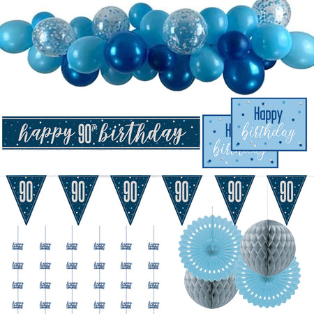 90th Birthday Blue & Silver Glitz Decoration Pack