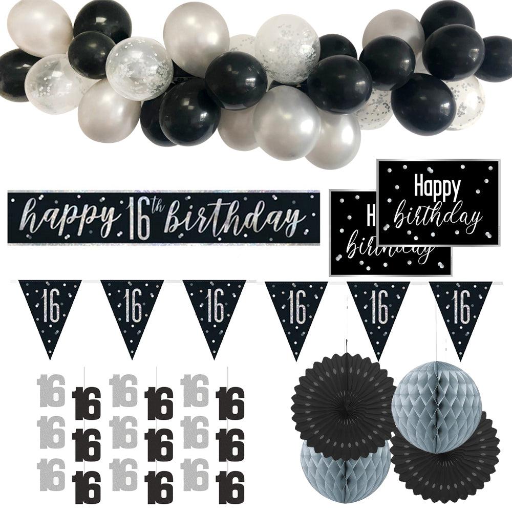 16th Birthday Black & Silver Glitz Decoration Pack