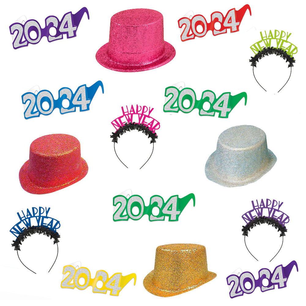 Multicolour New Year 2024 Hat and Glasses Pack for 8