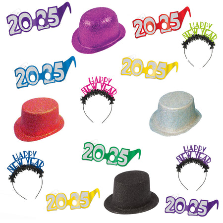 New Year 2025 Multicolour Hat and Glasses Pack for 8