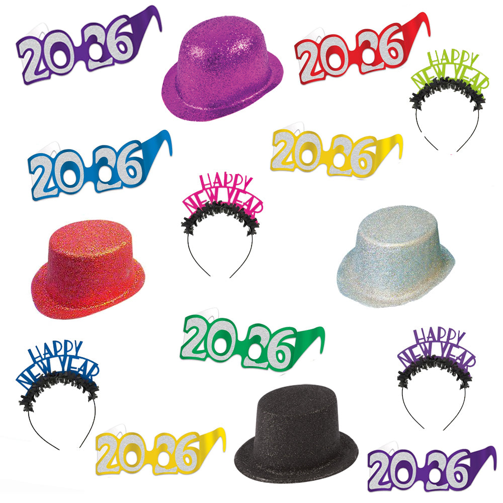 New Year 2026 Multicolour Hat and Glasses Pack for 8