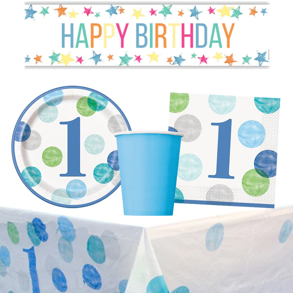 1st Birthday Blue Dots Tableware Party Pack for 8 People