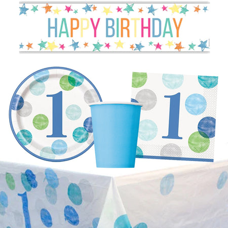 1st Birthday Blue Dots Tableware Party Pack for 8 People