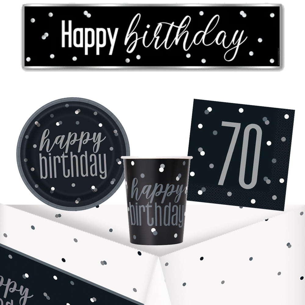 70th Birthday Black and Silver Glitz Tableware Pack for 8 with FREE Banner!