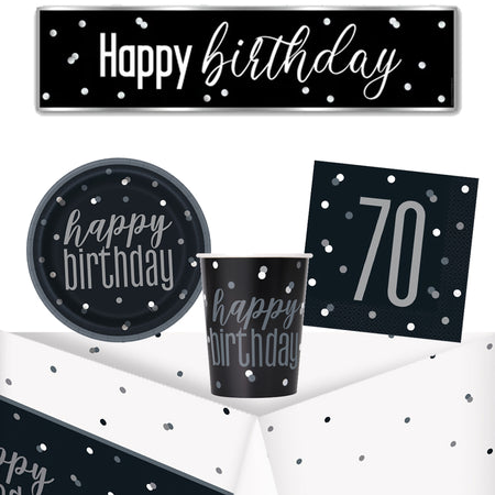 70th Birthday Black and Silver Glitz Tableware Pack for 8 with FREE Banner!