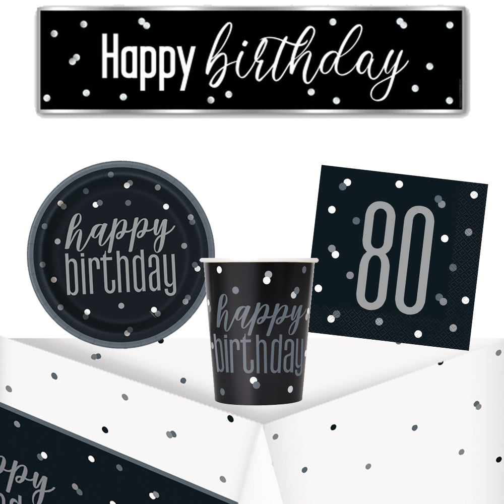 80th Birthday Black and Silver Glitz Tableware Pack for 8 with FREE Banner!