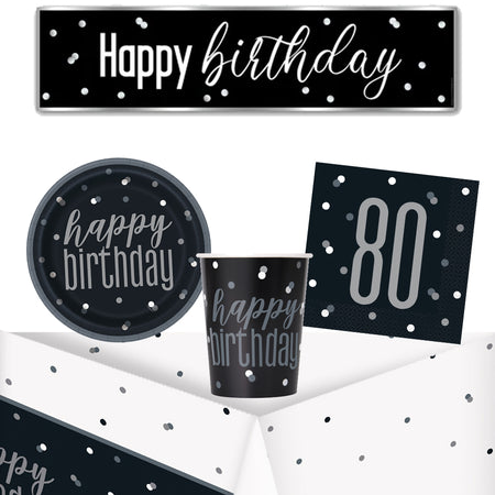 80th Birthday Black and Silver Glitz Tableware Pack for 8 with FREE Banner!
