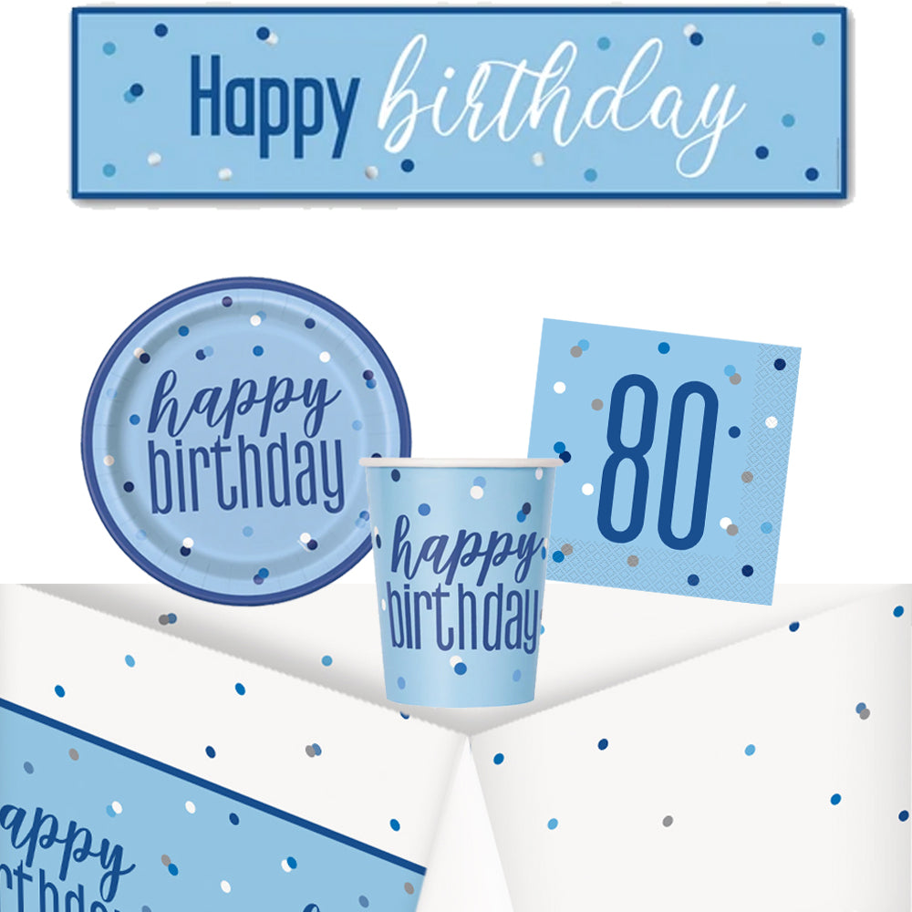 80th Birthday Blue Glitz Tableware Pack for 8 with FREE Banner!