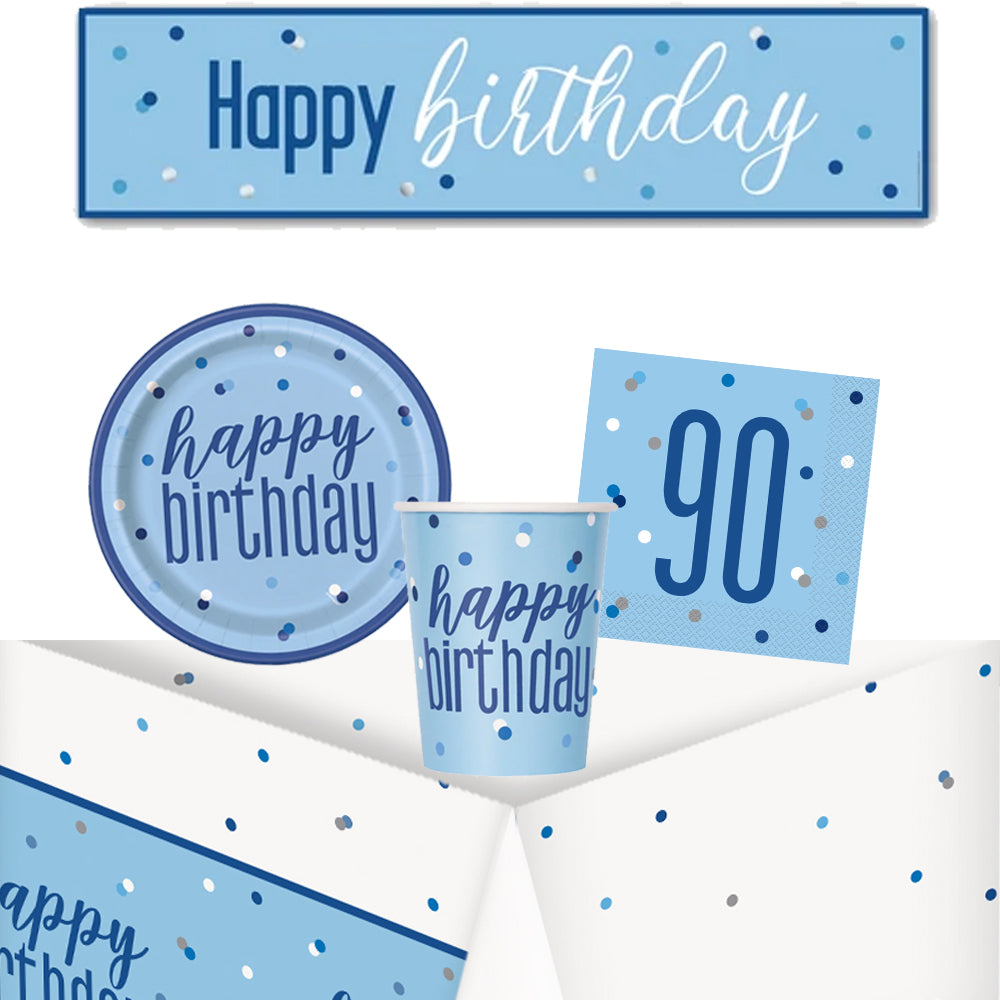 90th Birthday Blue Glitz Tableware Pack for 8 with FREE Banner!