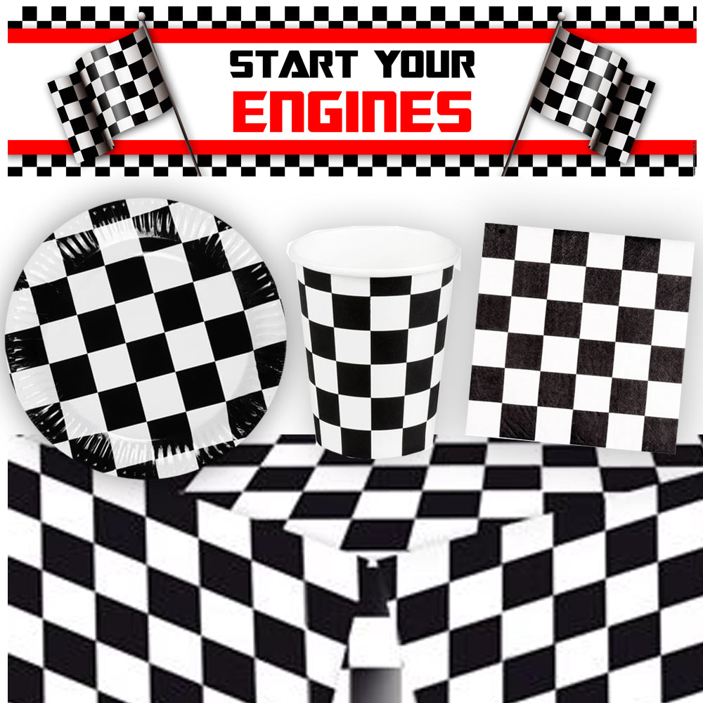 Motor Racing Black & White Checkered Tableware Pack for 8 with Free Banner!