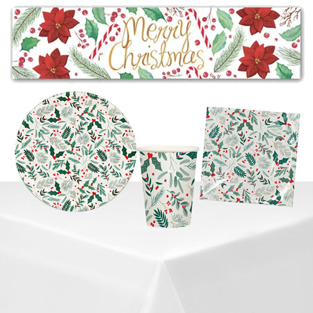 Christmas Holly Tableware Pack For 20 People With FREE Banner!