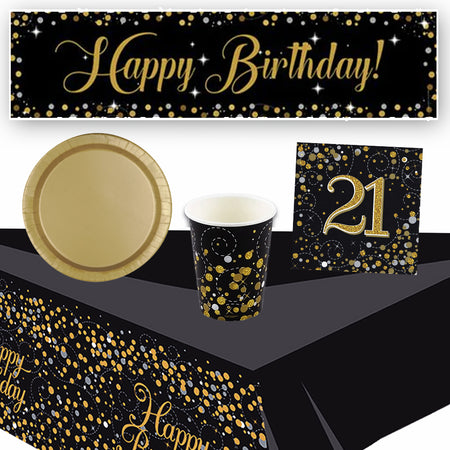 Gold Celebration 21st Birthday Tableware Party Pack - For 8 People with FREE Banner